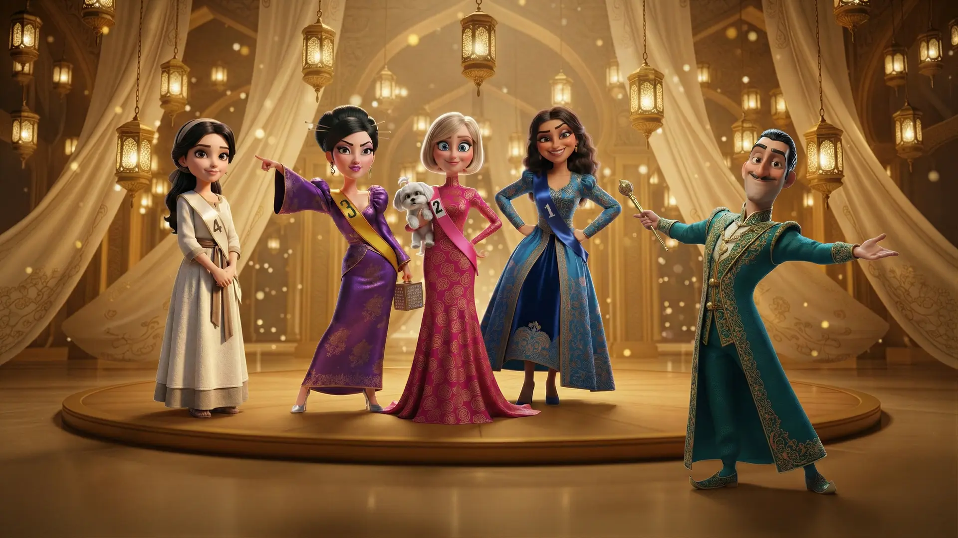 Four contestants and the host on a golden stage; Esther stands apart in a plain dress