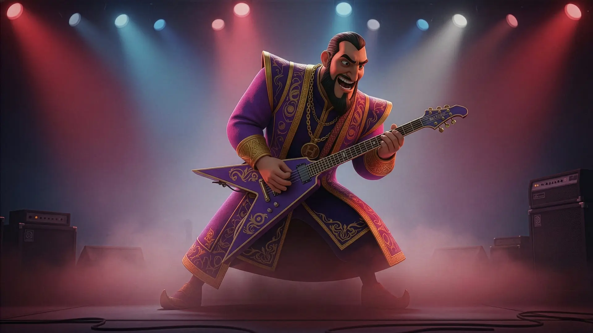 Haman in purple robes playing an electric guitar on a rock stage