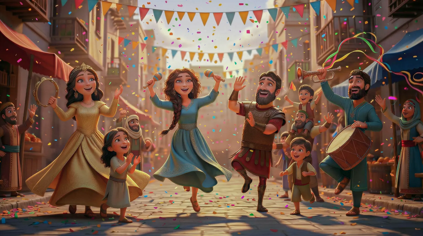 Esther and the people dancing through the city streets