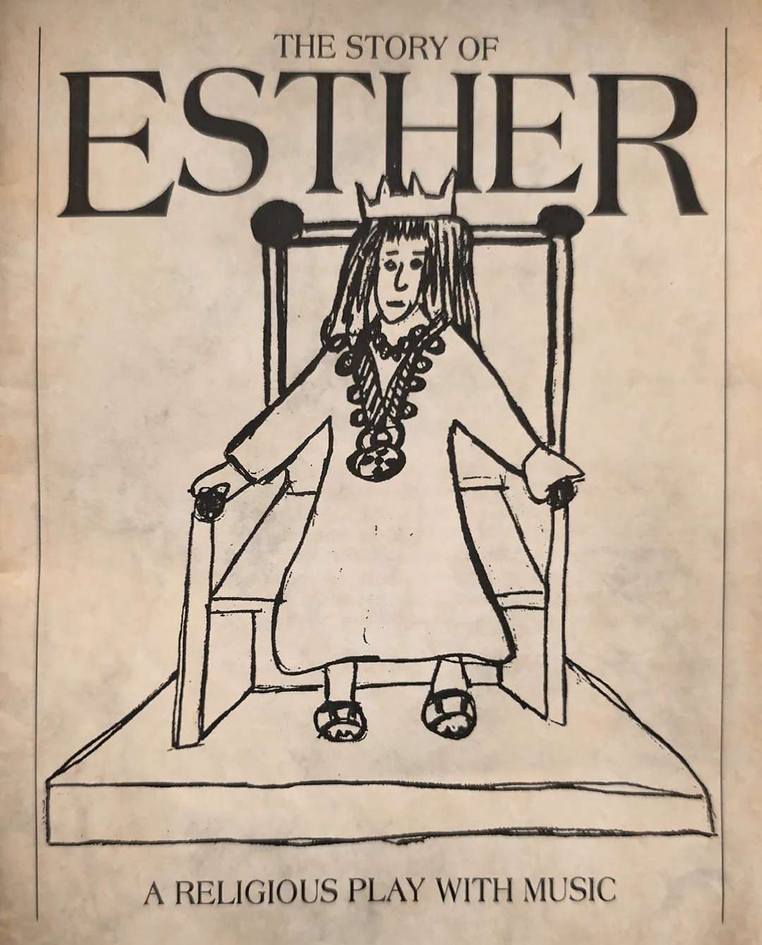 The 1989 programme cover: The Story of Esther, a religious play with music, with a hand-drawn Esther on a throne